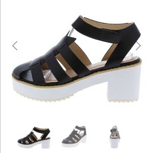 Black Round Toe Caged Short Chunky Heel